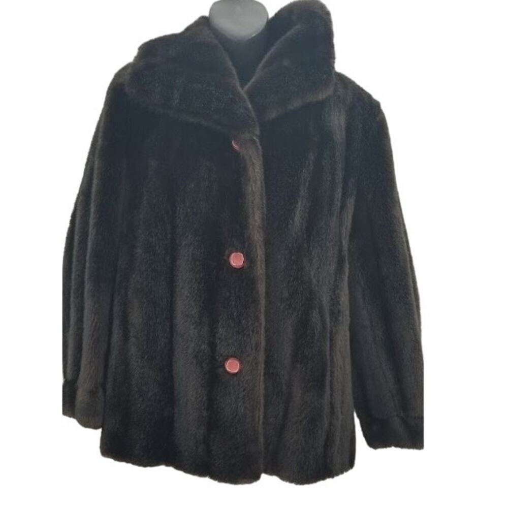 Vintage Faux Mink Fur Coat Jacket Pockets Lined Long Sleeve Collar Espresso